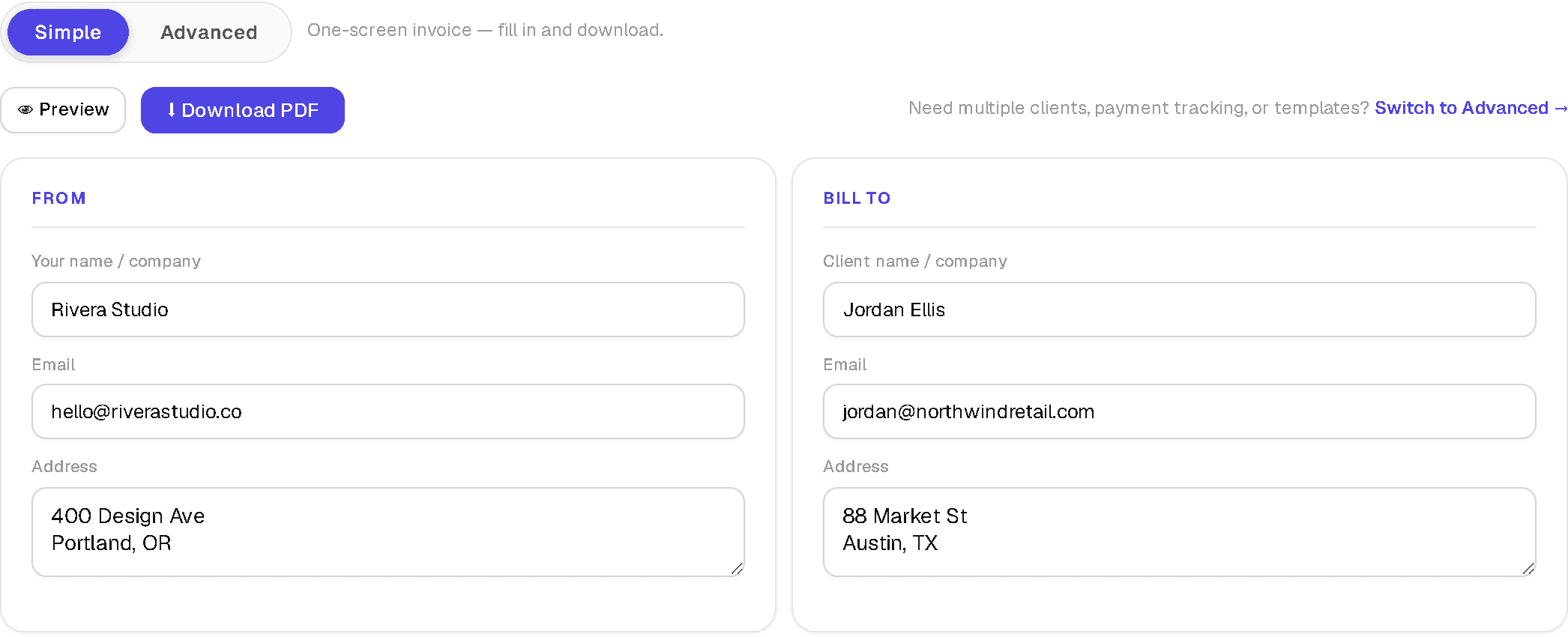 Free Invoice Generator: Simple Mode for One-Off Invoices, Advanced for Everything Else